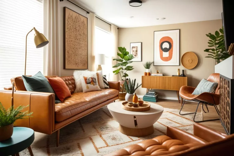 living room mid century style with warm colors ai generative 659d7fe2b12dc