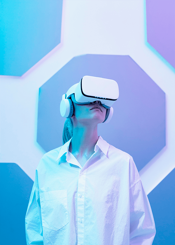 woman wearing virtual reality simulator min